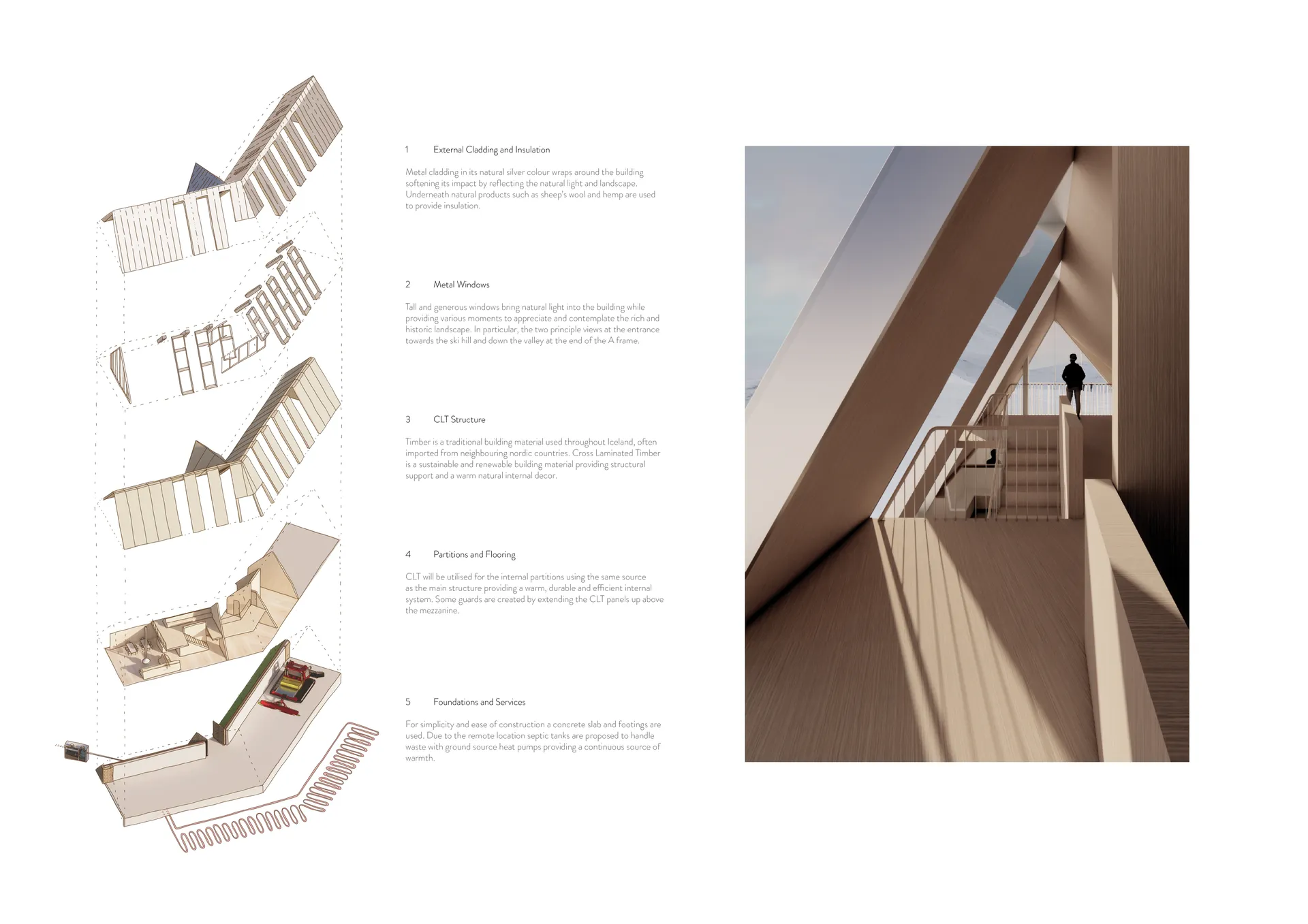 Iceland Ski Hut axonometric and interior presentation